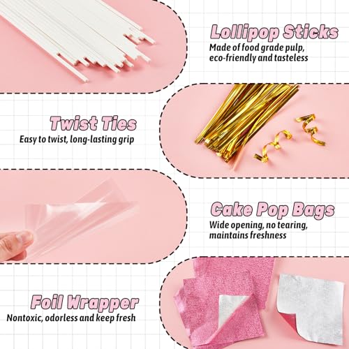 JOERSH 402Pcs Cake Pop Kit Including Cake Pop Sticks and Parcel Bags, Twist Ties, Cake Pop Roller with Handles, Decorating Pen, Candy Foil Wrappers - Lollipop Making Tools Supplies