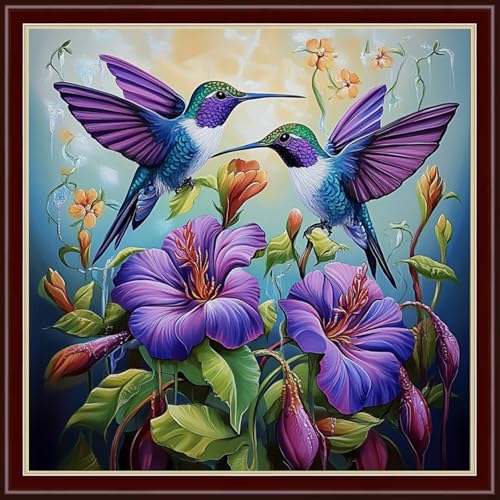 Image of Dimensean Stamped Cross Stitch Kits Full Range of Embroidery Patterns Starter Kits for Beginners Adult DIY Cross Stitches Needlepoint Kits 11CT-Colorful Flower Hummingbird 18x18 inch