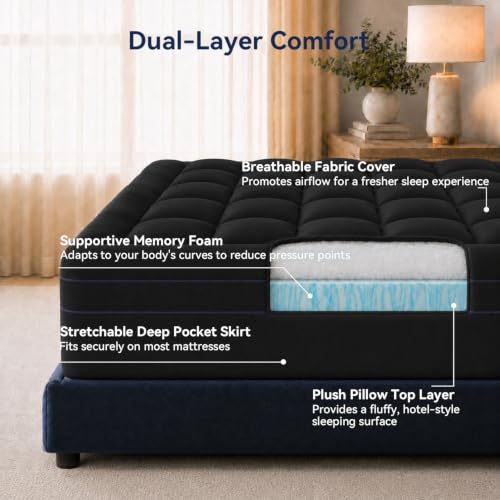 Image of ABENE 3 Inch Dual Layer Full Memory Foam Mattress Topper, 2 Inch Memory Foam Plus 1 Inch Down Alternative Pillowtop Mattress Pad with Deep Pocket, Soft Support for Pressure Relief, Black