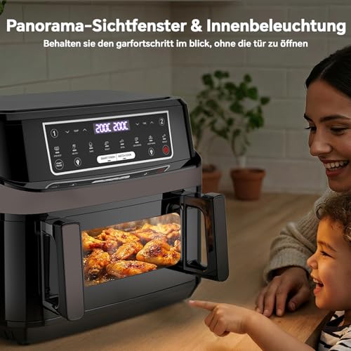 Heißluftfritteuse 12L | Air Fryer XXL Variabel für Einzel und Zweikammer, 2600W Doppel-Heizelement Separate Temper mit Sichtfenster und Innenlicht, Airfryer Doppelkammer 8-in-1 Touch-Steuerung Rezept 3