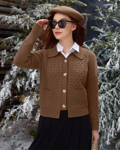 V For City 240809AW1029YGL-M Women Cable Knit Cardigan Winter Chunky Sweater Open Front Long Sleeve Lapel Collar V Neck Button Brown Medium thumb #2