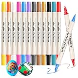 FOWIDALIXG 12 Colors Dual Tip Acrylic Paint Pens Markers Dual Tip Markers Art Canvas Kit Paint Brushes for Canvas Painting Drawing Graffiti Waterproof and Colorfast