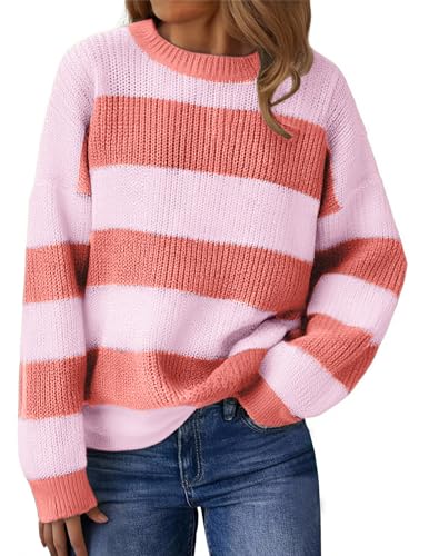 Image of Libsorge Womens Striped Sweater Oversized Cute Color Block Sweaters Spring 2026 Trendy Knit Crew Neck Thin Pullover