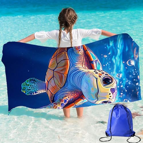 ZenyTra Lot de 2 serviettes de plage avec motif tortue bleue et sac de rangement, 70 x 140 cm, sans sable et séchage rapide, pour plage, piscine, voyage, sauna