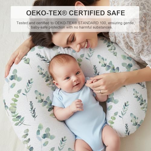 Image of Little Grape Land Muslin Nursing Pillow Covers 2 Pack, 100% Cotton Removable Breastfeeding Pillow Covers, Feeding Pillow Slipcovers for Baby Boys & Girls, (Leaves & Green)