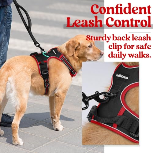 Image of rabbitgoo Dog Harness No Pull with 2 Leash Clips, Adjustable Soft Padded, Reflective Oxford No Choke Pet Vest with Easy Control Handle for Large Dogs, Black & Red, L