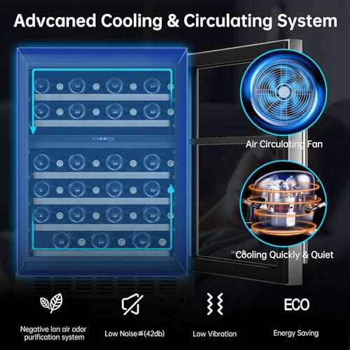 Image of KingChii 24 Inch 46 Bottle Dual Zone Wine Cooler Refrigerator Professional Compressor, Stainless Steel & Tempered Glass For Red Wine, Champagne - Built-in or Freestanding for Home, Kitchen, or Office