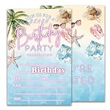 JUPXB Beach Birthday Invitations, Summer party Invitations for Boys Girls, Beach Theme party supplies, 20 Double-Sided Fill-In Party Invite Cards with 20 Envelopes 4X6 Inch-D08