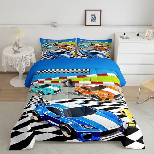 Image of Feelyou Kids Race Car Duvet Insert King Size, Blue Orange Racing Comforter Set Sports Cars Bedding Set Boys Girls Teens Bedroom Decor with 2 Pillow Case