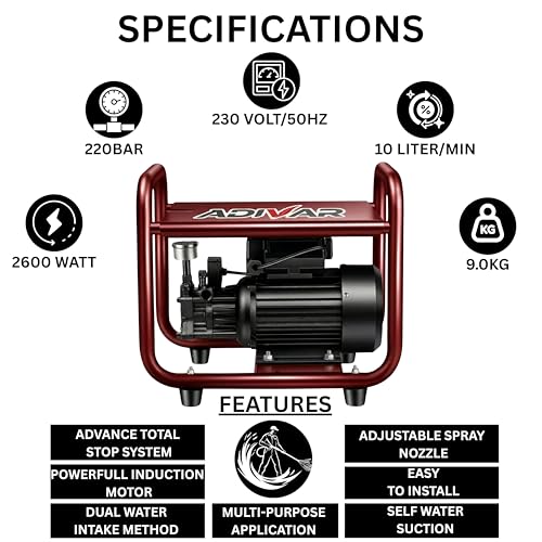 Image of AD-220 High Pressure Washer | 2600W Motor | 220 Bar Max Pressure | 10 L /Min Flow Rate | Portable Electric Washer for Car, Bike, Solar Panel, Walkways & Home Cleaning