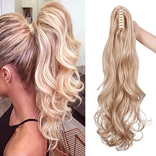 24/60cm Curly Claw On Ponytail Extension Matte Material Wavy Clip In Pony tail Synthetic Hairpiece For Women, Ash Blonde Mix Bleach Blonde