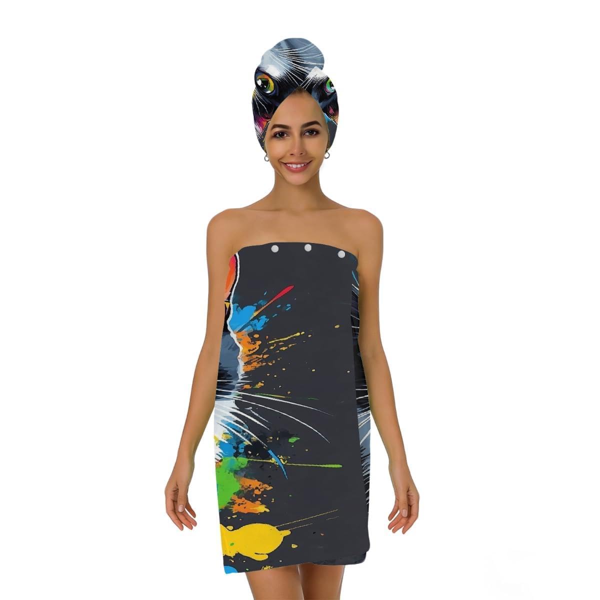 Mikrofaser-Duschtuch für Damen, mit Haar-Handtuch, niedliche Katze, buntes Ölgemälde, weiche Körperwickel, Kleid mit Haartrocknungskappe für Strand, Pool, Spa, 2 Sets