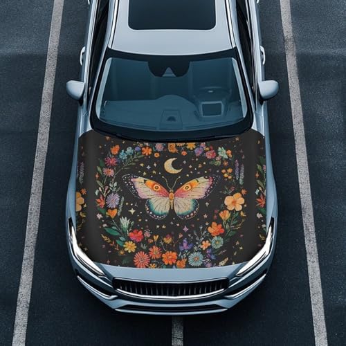 Image of Butterfly Print Snowproof Universal Car Hood Cover, Suitable for Most Cars, Trucks, Pickup, Sports Cars; Full Hood Coverage; Waterproof; Universal Fit