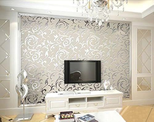 HANMERO Papier Peint Baroque Designe Damassé Classique Acanthe Feuille Flocage 3D PVC pour Salon TV Backdrop Chambre- 0,53m*10m- Gris-Argenté