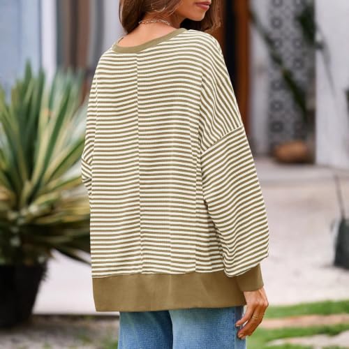 Womens Striped Long Sleeve Shirt Waffle Knit Crewneck Oversized Sweatshirt - image 6