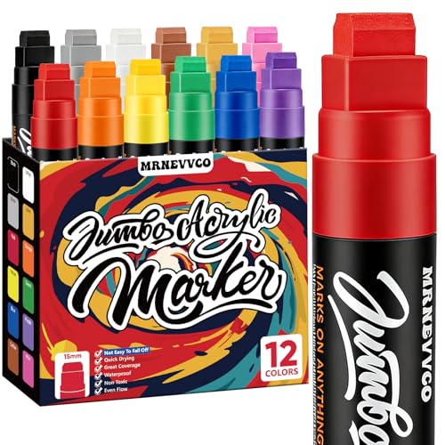 12 Colors Jumbo Poster Markers Jumbo Acrylic Paint Markers 15MM Thick Permanent Acrylic Markers Wide Tip Paint Markers for Wood Canvas Poster Board Banner Fabric Metal Artists Teachers