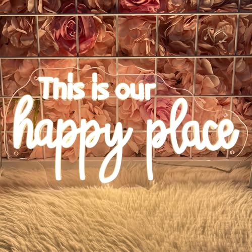 Image of This is Our Happy Place Neon Sign Happy Place Neon Signs for Wall Decor Dimmable Warm White LED Signs for Bedroom Classroom Man Cave Home Bar Birthday Party Decor Neon Classroom Sign