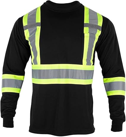VENDACE Men's High Vis Safety Work T Shirt ANSI Class 1 Reflective Long Sleeve Shirt with Pocket(Black,XL)
