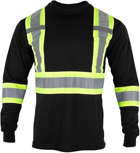 VENDACE Men's High Vis Safety Work T Shirt ANSI Class 1 Reflective Long Sleeve Shirt with Pocket(Black,XL)