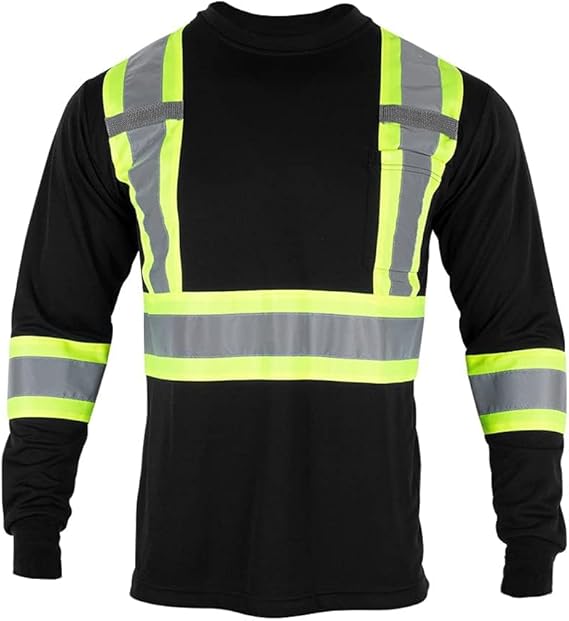 VENDACE Men's High Vis Safety Work T Shirt ANSI Class 1 Reflective Long Sleeve Shirt with Pocket(Black,XL)