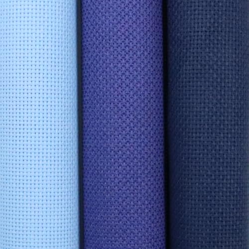 Image of KCS 3 pc of 15 inch x 18 inch(38cmx45cm) 18 Count Cross Stitch Cotton Aida Cloth Needlework Rolled Fabric Box,18CT,Light Blue+Royal Blue+Navy Blue