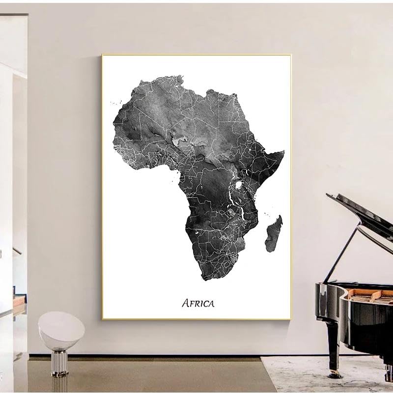 Lienzo de mapa de África decorativo, arte de pared moderno en blanco y negro de 50x70 cm