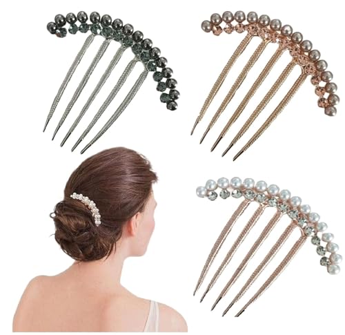 Image of 3 Pack Premium Hair Comb Clips (Gold, Silver, Rose Gold) | Hand-Set Pearls & Crystals | Elegant French Twist Updo Accessories for Weddings, Galas & Professional Wear with storage box