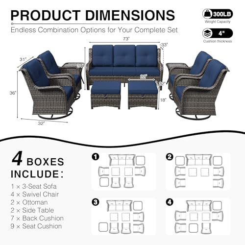 Image of Joyside 9 Piece Wicker Patio Furniture Set, Outdoor Swivel Rocker Patio Chairs with High Back, Deep Seating, Wide Armrest, Thickened Cushions, Outdoor Furniture for Deck, Porch Use