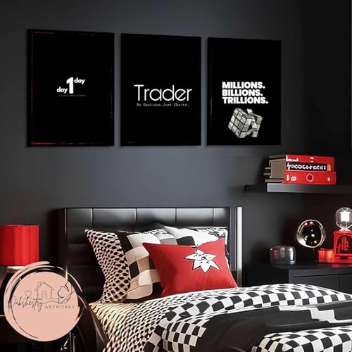 Image of DAKSHESTRY ARTWORKS Set of 3 Trader Motivational Wall Art Prints - Black Minimalist Finance Success Quote Framed Posters for Office Bedroom Home Decor (A4 8x12 Inch, Black Frame)