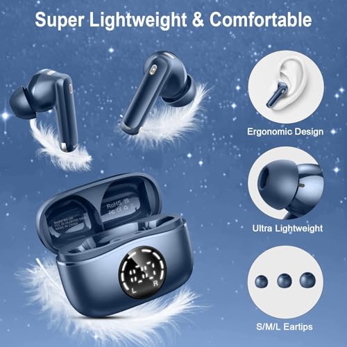 Image of Wireless Earbuds, 2025 Bluetooth 5.4 Headphones NEW Ear Buds 40H Bass Stereo in-Ear Earphones ENC Noise Cancelling Earbuds with 4 HD Mic, USB-C LED Display IP7 Waterproof Sport Headset for Android iOS