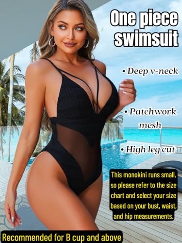 High-Cut Cheeky Monokini for Women, Deep-V Neck Strappy Mesh Bathing Suits, Low-Back Sexy One Piece Swimsuit2