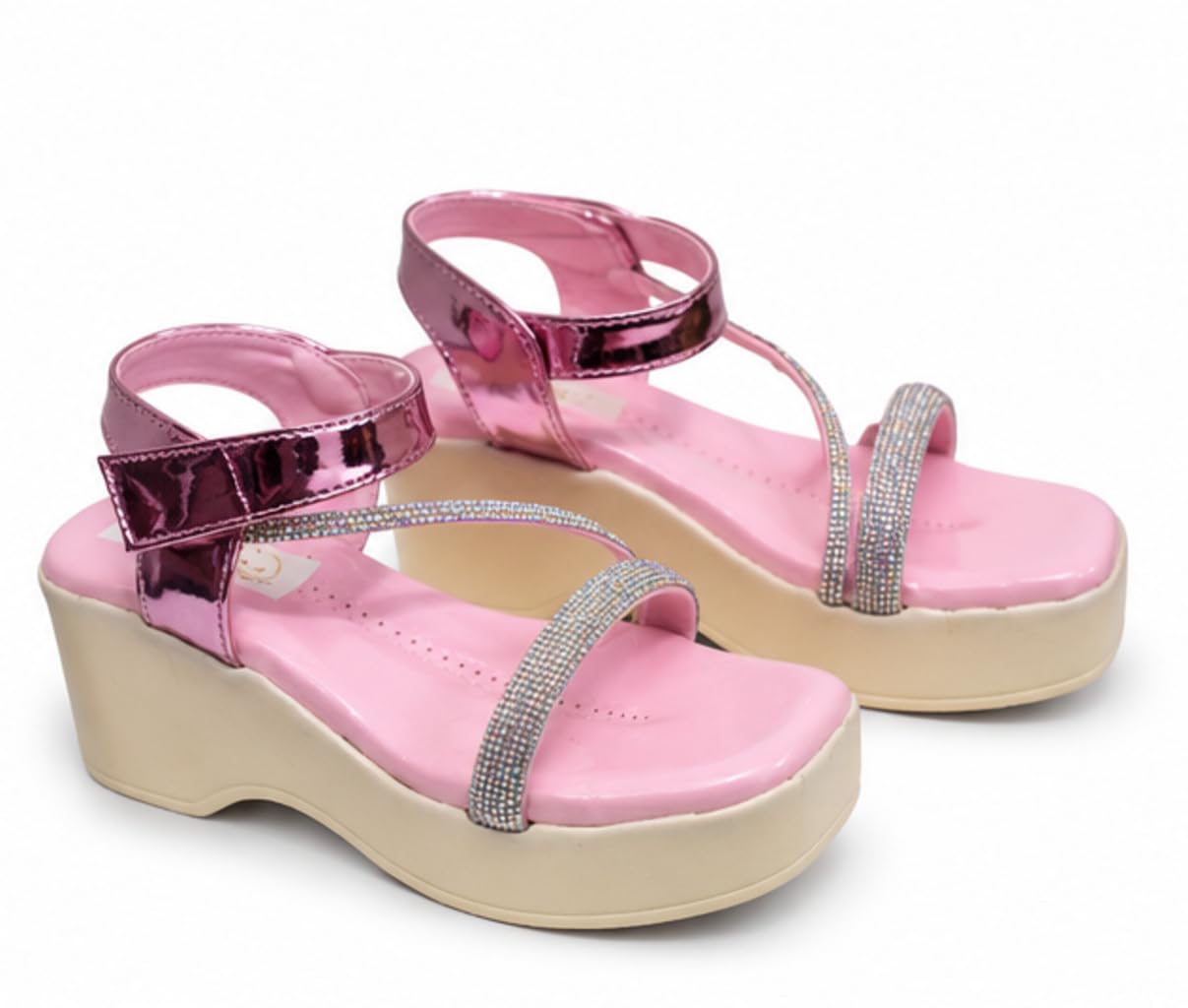 FOOTPEDIA Girls Pink Rhinestone Wedge Sandals | Comfortable Lightweight Platform Sandals with Secure Ankle Strap | Party WearE, Birthday, Wedding & Casual Footwear for Kids Girls-picture-10