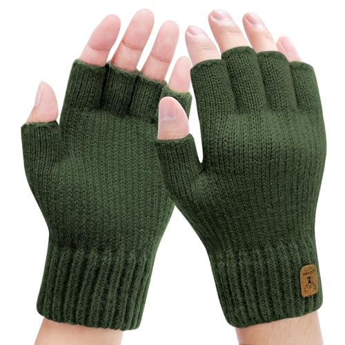 Kordear Fingerless Gloves - Mens Thermal Winter Gloves with Soft Lining Half Finger Warm Knitted Gloves for Men Outdoor Work Typing Driving Cycling Fishing