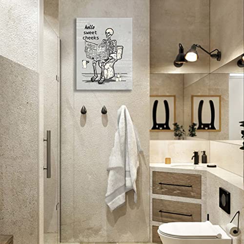 Fuzawet Retro Skull Bathroom Decor Wall Art Funny Gothic Skeleton Bathroom Toilet Sign Pictures Canvas Print Vintage Halloween Bathroom Decor Modern Goth Home Painting Framed Ready To Hang 12X16 In #TOP3