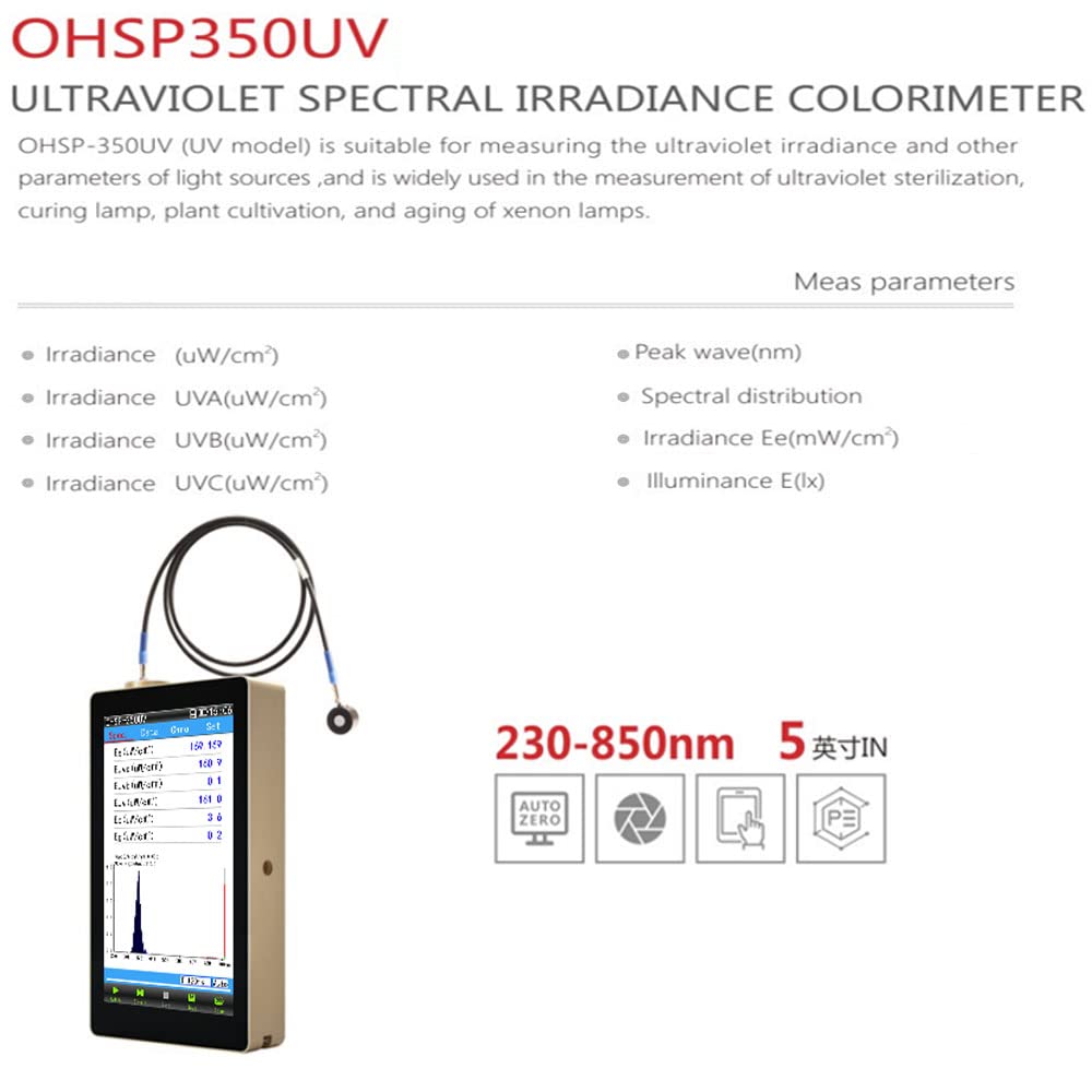OHSP-350UV UV Spektrometer, 230-850nm UVA UVB UVC Radiometer mit Extend Fiber – HOPOOCOLOR tragbares Lichtspektrummessgerät für UV-LED, Bestrahlung (mW/cm²) & CCT