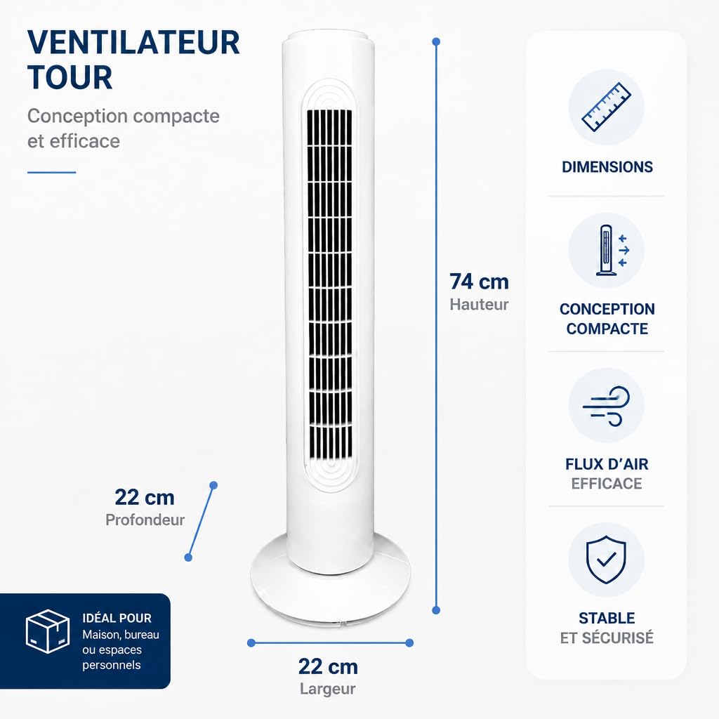 GROWMANIA.ES Ventilateur Colonne 45 W Blanc | Ventilateur Tour Silencieux | 3 Vitesses | Oscillation Automatique | Design Compact | Faible Consommation | Idéal Chambre, Salon et Bureau