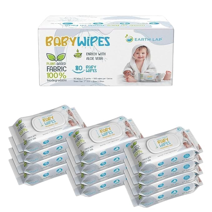 Image of Baby Wet Wipes with Lid 960 Count- 100% Biodegradable Plant Fabric, Fragrance-Free, Aloe Vera & Vitamin E, Hypoallergenic, Extra Soft & Safe Baby Wipe (12 * 80)
