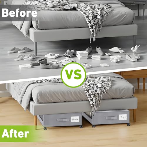 Image of YAASHEEN Under Bed Storage with Wheels, 2-Pack Under Bed Storage Containers with Clear Lids & Label, XXL 60L Rolling Metal Drawer for Clothes, Shoes, Toys, Books - Gray