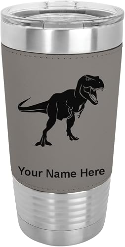 LaserGram Vaso aislado al vacío de 20 onzas, dinosaurio tiranosaurio Rex, grabado personalizado incluido (piel sintética, gris)