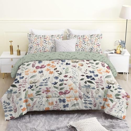 Linfye Couette 220x240 cm Plante Beige Imprimée 4 Saisons pour Lit 2 Personnes, Empreintes Vertes Couette sans Houss et 2 Taies d'oreiller 65x65 cm, Edredon...