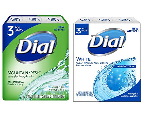 Dial Antibacterial Deodorant Bar Soap 4 oz Bundle of 6 (3 White Bars + 3 Mountain Fresh Bars)