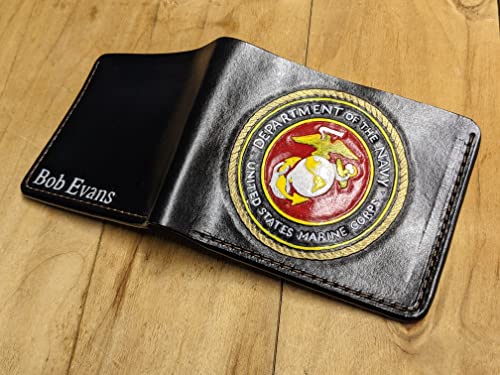 Men's 3D Genuine Leather Wallet, Hand-Carved, Hand-Painted, Leather Carving, Custom wallet, Personalized wallet, Alien, US Marine Corp3