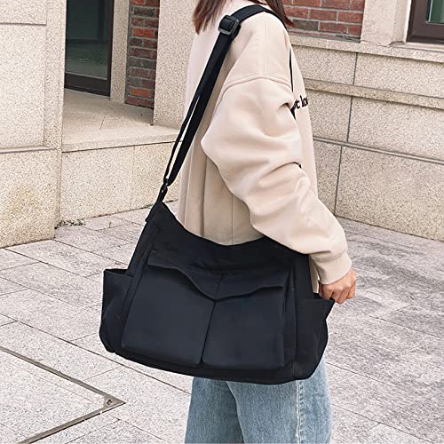 Image of LassZone Canvas Messenger Bag Large Crossbody Bag Hobo Shoulder Handbags Multi Pocket Denim Tote Bag for Women or Men