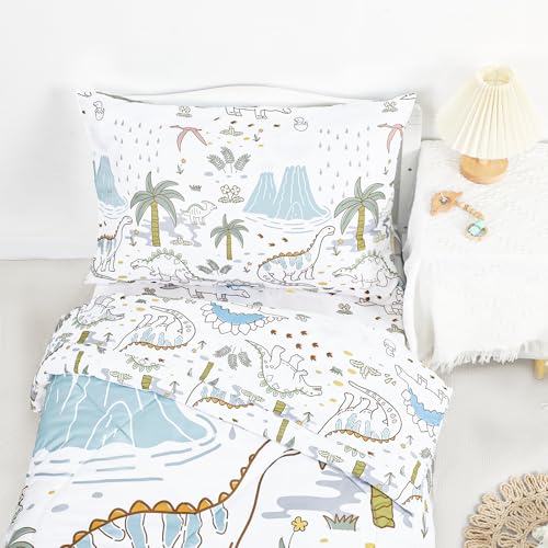 Image of SWESEN Toddler Bedding Set for Boys, Cute Dinosaurs Toddler Boy Bedding Set, Soft & Lightweight 4 Piece Toddler Comforter Sets Include Comforter, Flat Sheet, Fitted Sheet, Pillowcase