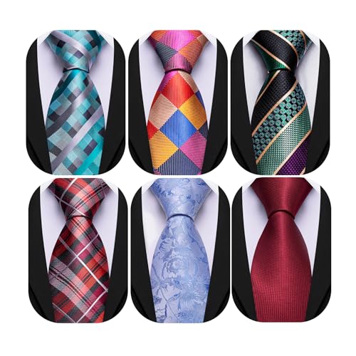 Image of Barry.Wang Mens 6 PCS Ties Silk Striped Paisley Check Floral Necktie Silky Woven Wedding Business Party Ties 3.34 inch