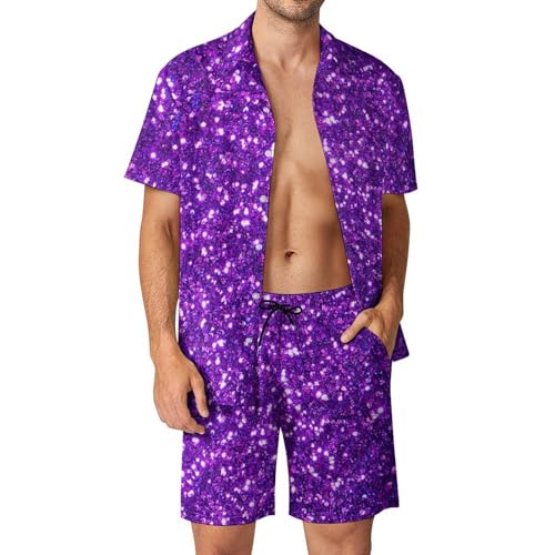 Purple Glittery Sparkles Men's Tropical Short Sleeve Two Piece Suit, Suitable for Vacation, Beach And Casual Wear