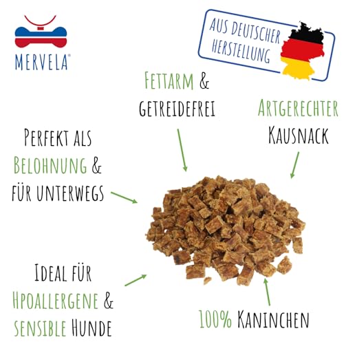 MERVELA® Premium Kaninchen Kauwürfel für Hunde, 500g - Ideal als Trainingsleckerli | 100% Natürliches Kaninchenfleisch | Hypoallergen für Sensible Hunde | Made in Germany