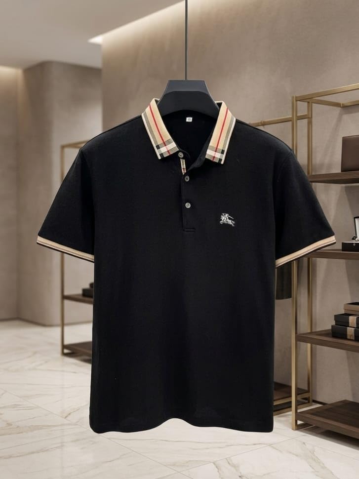Men's Polo Shirt, Black, Short Sleeve, Striped Collar Detail, Button Placket-picture-33