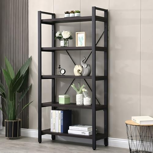 Image of 5-Tier Industrial Bookshelf with Solid Wood Shelves & Metal Frame | Open Display Storage Rack for Living Room, Bedroom, Office, Study | Book self | Dark Weinge | 80x30x160 cm