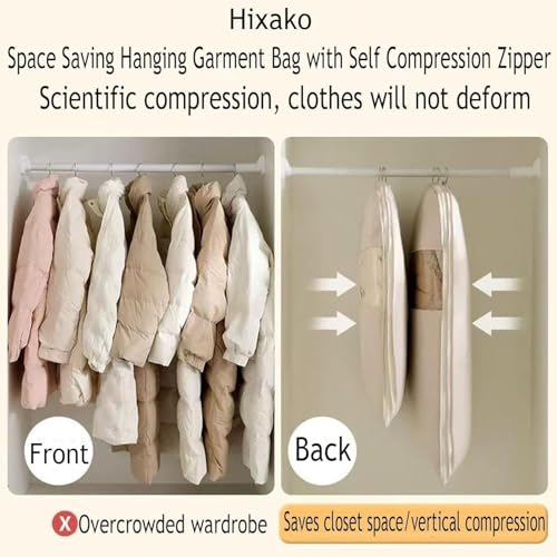 2025 Space Saving Hanging Garment Bag with Self Compression Zipper, Closet Organizers Garment Bags for Hanging Clothes, Protects Clothes from Wrinkles (White,L)3